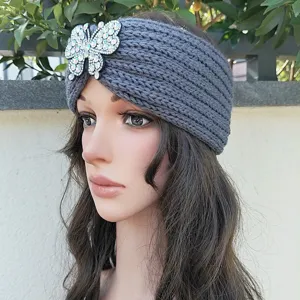 Graues Strick-Haarband mit glitzerndem Strass-Schmetterling Damen Winter warmer Haarschmuck