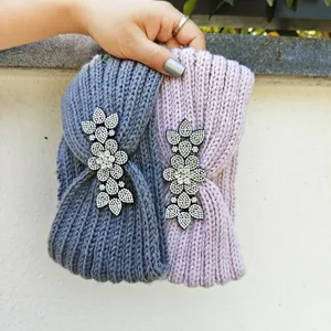 Knitted rhinestone hairband autumn winter warm thick hair band for women daily outdoor wear