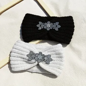 Knitted winter rhinestone flower headband, cozy warm hair band, elegant fashion hair accessory.