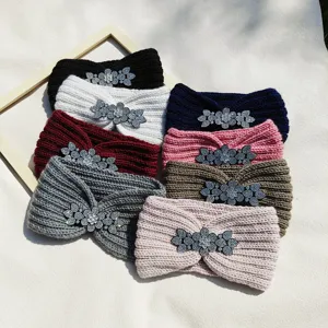 Knitted rhinestone winter warm headband, stylish thick wool hair band for outdoor daily wear.