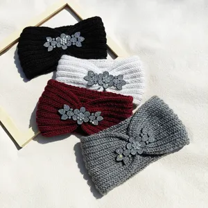 Knitted rhinestone flower headbands set, four warm winter hair bands for women and girls.