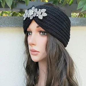 Black knit headband with sparkling rhinestone flower for women warm winter hair accessories