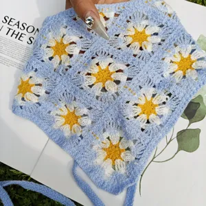 Retro azul floral ganchillo bandana verano hueco tejido bufanda pelo accesorio vintage