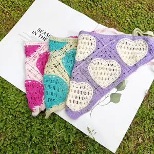 Crochet heart triangle headband detail view, pink green purple knit hair scarf for women.