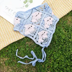Fascia triangolare cava all'uncinetto stile pastorale blu delfino bandana lavorata a maglia donna.