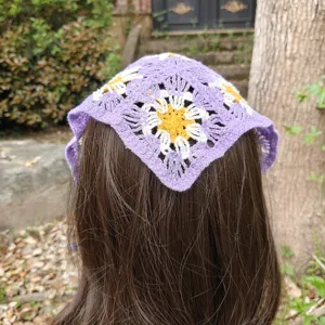 Crochet floral bandana hair scarf detail, handmade knit daisy hair band for spring summer.