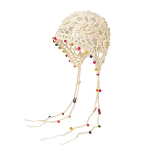Handmade crochet hollow-out beanie hat with colorful wooden beads and long tassels chic