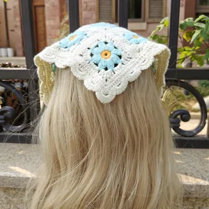 Crochet floral hair bandana, vintage daisy knit head wrap for women and daily wear fashion.