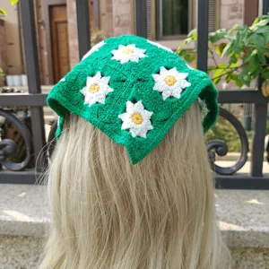Crochet daisy bandana hair scarf green floral head wrap cute aesthetic hair accessory.