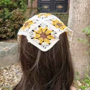 Crocheted floral hair bandana spring summer knitted triangle head scarf pastoral style accessory