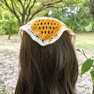 Crochet heart floral triangle hair scarf, cute knit headband for spring summer outdoor.