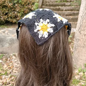 Floral crochet hair bandana sweet daisy knitted head wrap pastoral style hair accessory for women