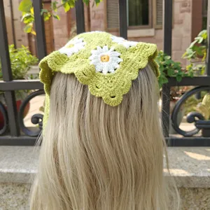 Handmade Crochet Daisy Hairband Knitted Floral Bandana Pastoral Style Cute Headwear