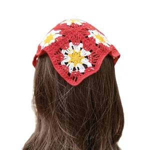 Handmade crochet floral bandana red hair scarf boho hair accessories for women summer
