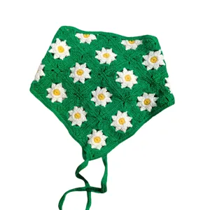 Green crochet daisy bandana knit headscarf pastoral style hair tie headwear for women.