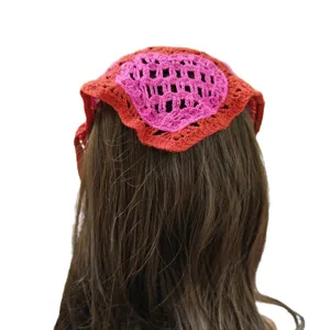 Crocheted heart triangular headscarf, sweet pink red knit hair band, cute summer outdoor headband.