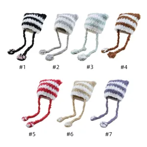 Detail view of cute plush striped cat ear beanie with cat paw straps in seven colors.