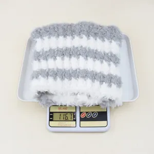 Winter warm grey white striped fluffy hat adult cozy knitted cap weight detail display