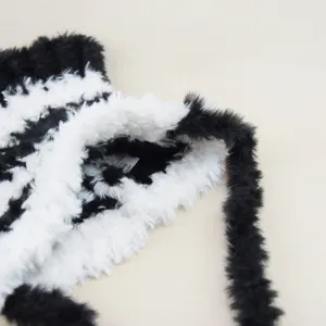 Black and white striped plush warm hat autumn winter cozy fluffy wearable cap for women