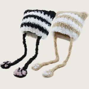 Cute Cat Ear Striped Acrylic Knit Hat With Long Scarf Paws Warm Windproof Winter Beanie For Women Outdoor Daily Casual