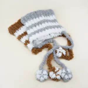 Autumn winter cute fluffy striped knit hat for women, warm wearable pom-pom beanie cap style.