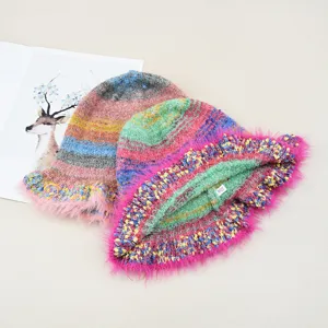 Cappello da pescatore in maglia arcobaleno donna autunno inverno caldo cappello peluche