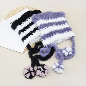 Plush striped cat ear hat with cute paw pendants, cozy winter warm knitted beanie for women.