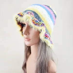 Cappello a secchiello in maglia arcobaleno da donna, berretto invernale caldo a righe.