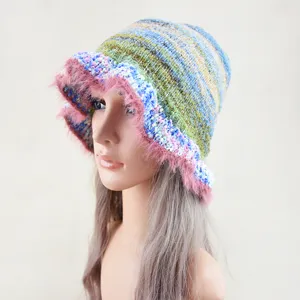 Cappello da pescatore a maglia arcobaleno donna berretto lana caldo inverno stile