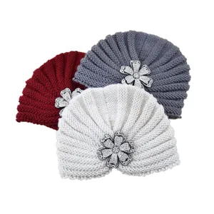 Women rhinestone flower knit turban hat winter warm beanie stylish head wrap cap set