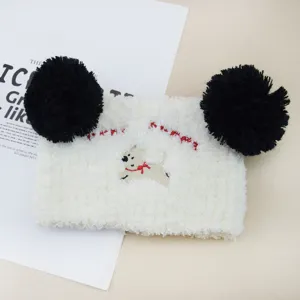 White plush headband with black pom poms cute puppy embroidery soft cozy winter hair band.