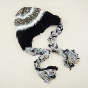 Women Autumn Winter Knitted Hat Colorful Braid Tassels Tie-up Straps Acrylic Warm Windproof Crochet Earflap Beanie Hat