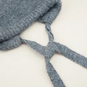 Grey knitted wool hat with strap warm pullover cap stylish winter beanie for women
