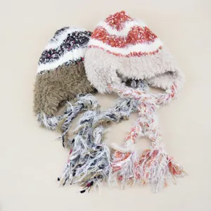 Korean style winter furry knitted hat with braided tassel strings, warm and cozy beanie cap.