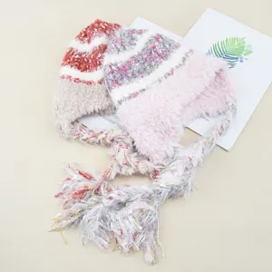 Autumn winter plush knitted hat with braided tassels and earflaps, cozy warm women beanie cap.