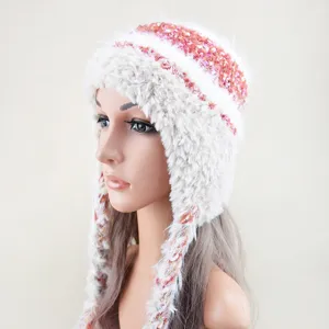 Cozy winter fluffy knit hat with ear flaps and braided tassels for women warm stylish headwear