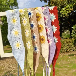 Pastoral Crochet Daisy Knitted Headband Polyester Floral Bandana For Women Vintage Bohemian Hair Band Handmade Headwear