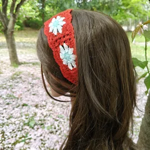 Crochet daisy headband red knitted hair band pastoral style hair accessory for women