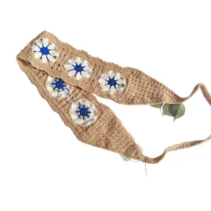 Crochet daisy headband for women, knitted brown floral hair wrap, cute pastoral hair accessories.