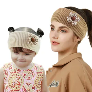 Western Ribbed Knit Headband For Women Children Warm Acrylic Hair Band Outdoor Sports Ear Warmer Gingham Flower Decorative Headwrap