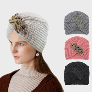 Gorro turbante de punto con cuentas de cristal para mujer, detalles de gorro cálido invierno.
