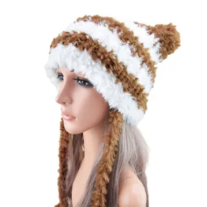Winter warm plush striped hat with earflaps and fluffy pompom for women, cozy and stylish.