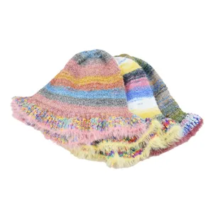Cappello a secchiello in maglia arcobaleno da donna, berretto invernale caldo e soffice