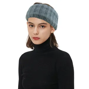 Grey knitted headband for women, thick ribbed fleece lined ear warmer winter hair accessory.