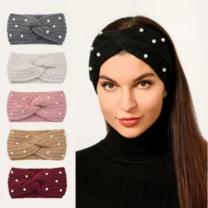Fascia per Capelli Lavorata a Maglia Bohémien Con Perle Artificiali Protezione Orecchie Invernale Intreccio Incrociato Elastico Largo per Yoga Lavaggio Viso Donna Accessori