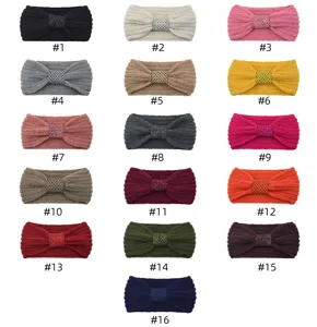 Knitted headband variant display showing assorted colors and sequin bow knots for winter.