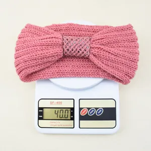 Pink knitted headband with sequin bow, winter warm hair accessory, detailed weight display.