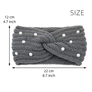 Fascia in maglia grigia con perle, accessori per capelli invernali caldi 22x12cm.