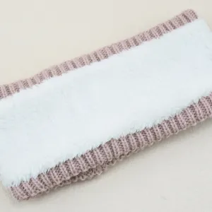 Close-up detail of plush lined knit headband, warm winter ear warmer hair accessory