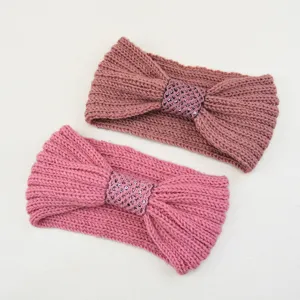Detailed shot of winter knitted sequin bow headband warm ear cover elastic hair accessory